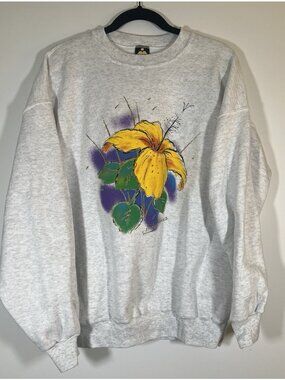 Vintage 90s H.L. Miller Wildside Hibiscus handpainted gray sweatshirt USA XL